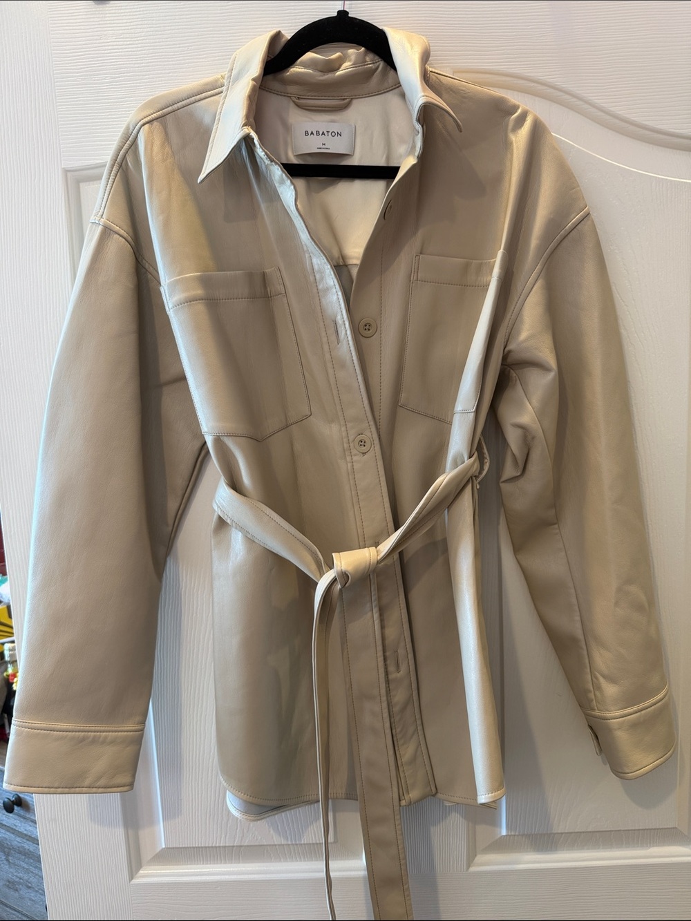 Babaton Cream Leather Belted Shirt Jacket